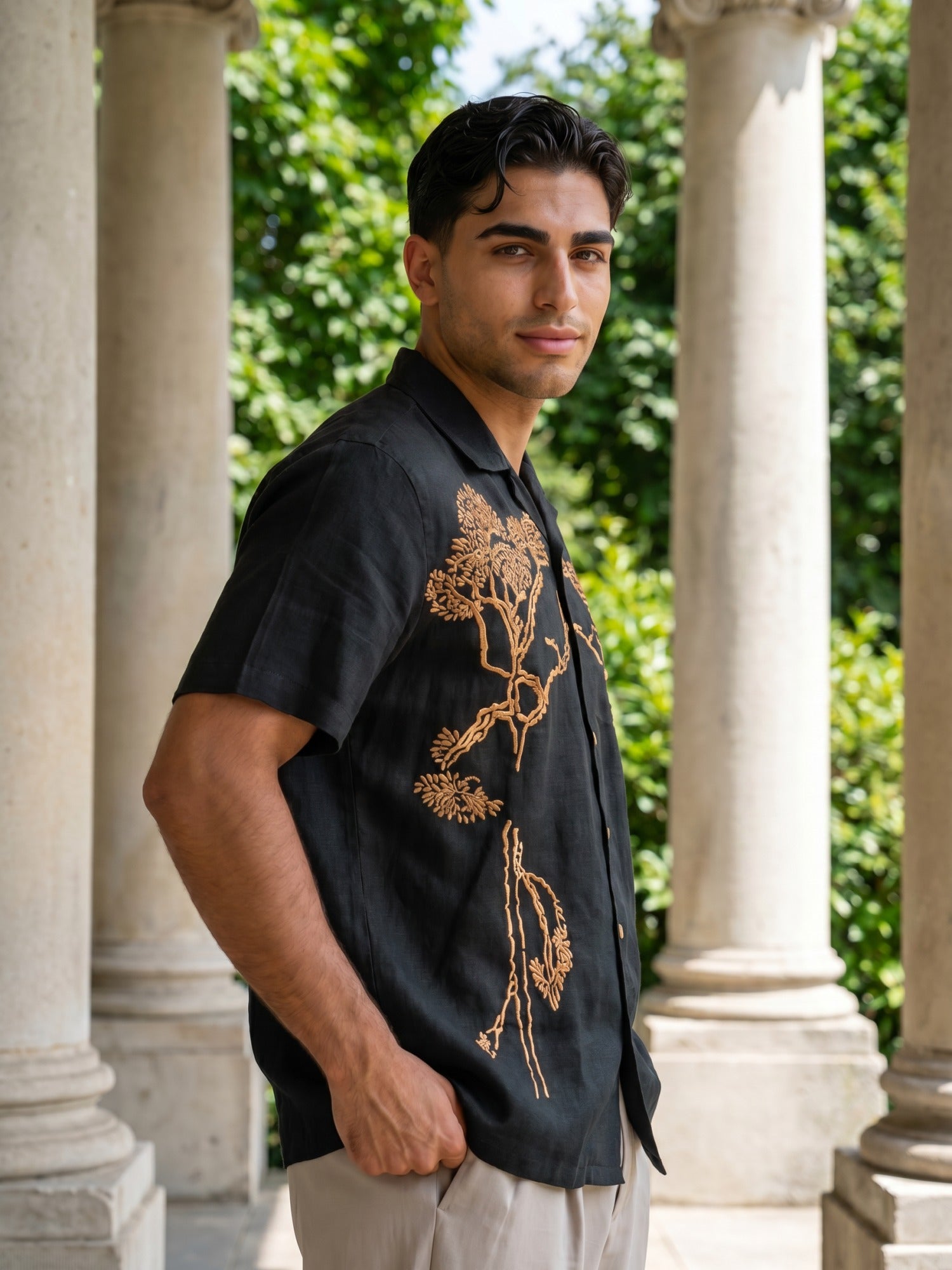 Black Embroidered Linen Cuban Shirt For Men