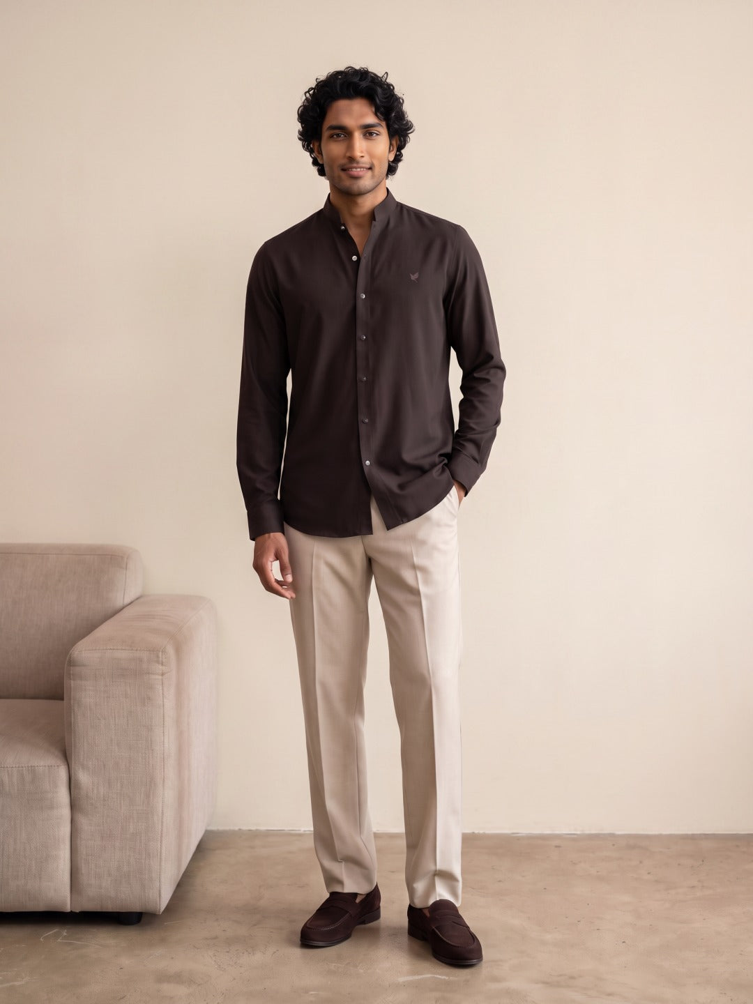 Coffee Japanese-Boomariyo Slim Fit Shirt with Chinese Collar, Plain/Embroidery