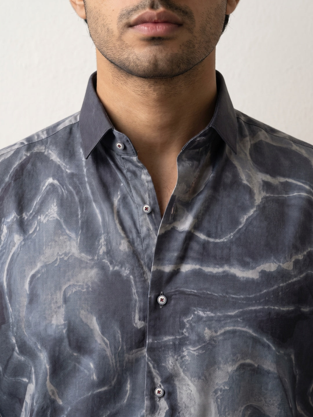 Dark Grey Tencel Slim Fit Shirt with Marbled Print