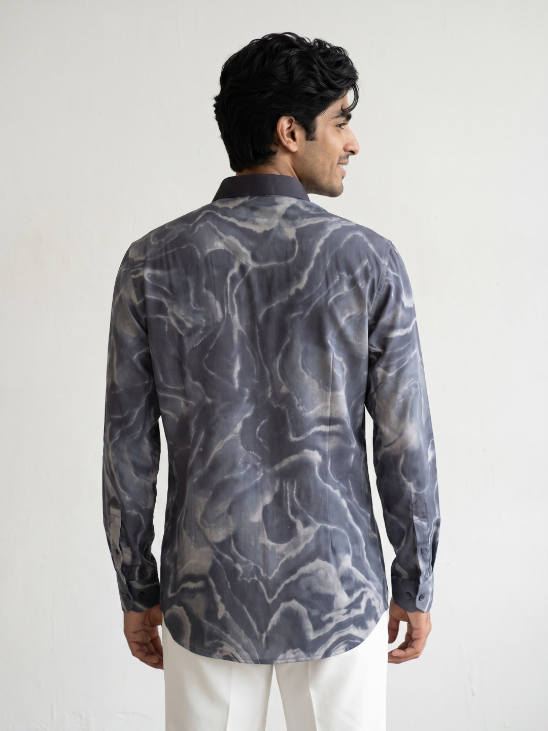Dark Grey Tencel Slim Fit Shirt with Marbled Print