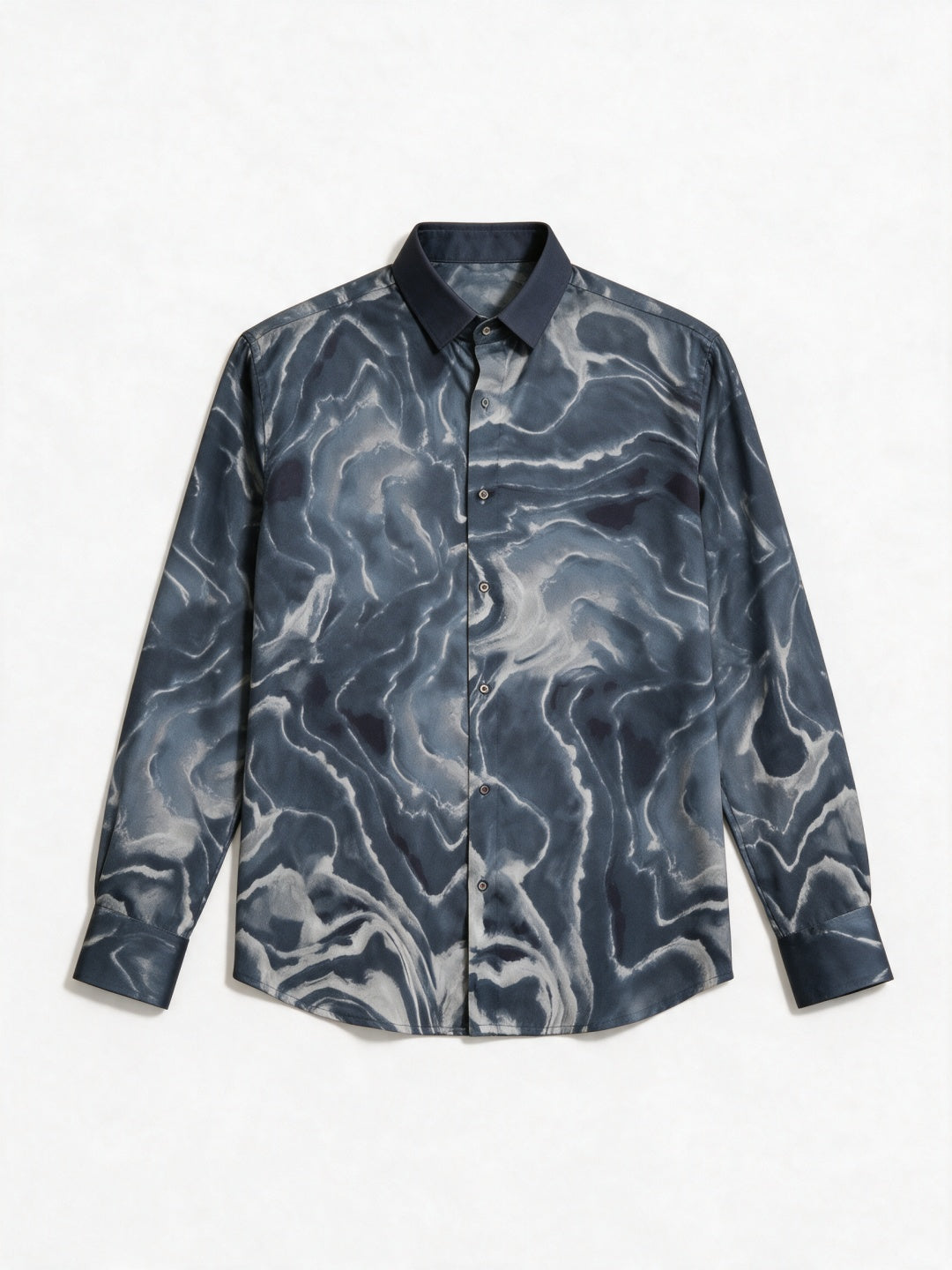 Dark Grey Tencel Slim Fit Shirt with Marbled Print