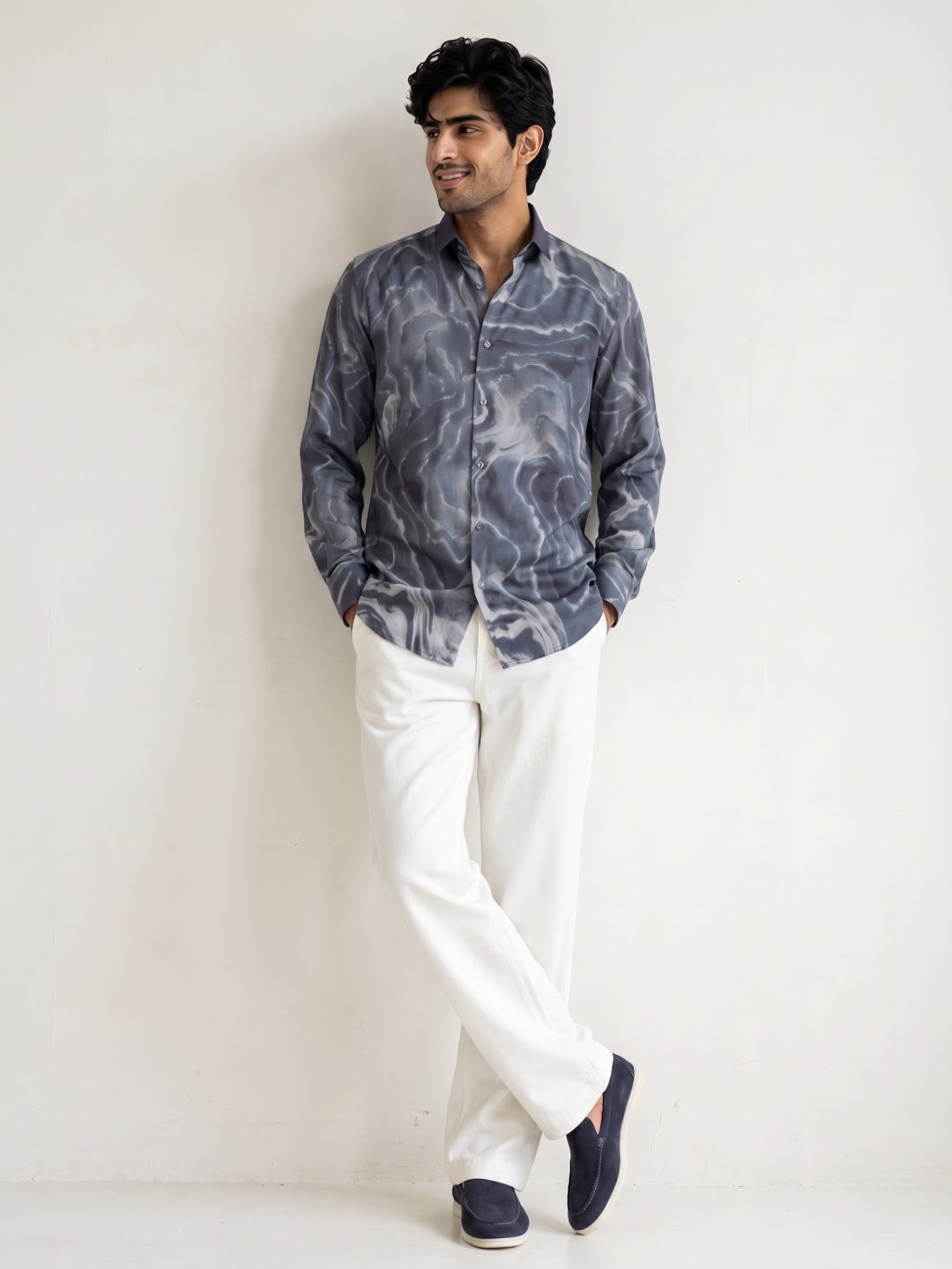 Dark Grey Tencel Slim Fit Shirt with Marbled Print