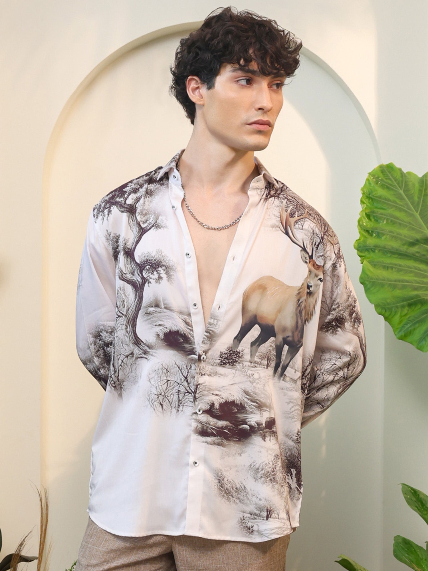 Light Beige Deer & Forest Print Full Sleeve Shirt