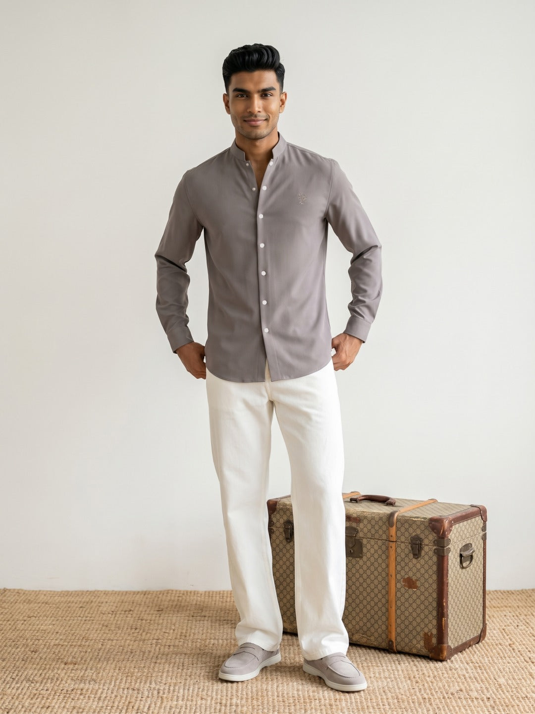 Earth Tone Japanese-Boomariyo Slim Fit Shirt with Chinese Collar, Plain/Embroidery