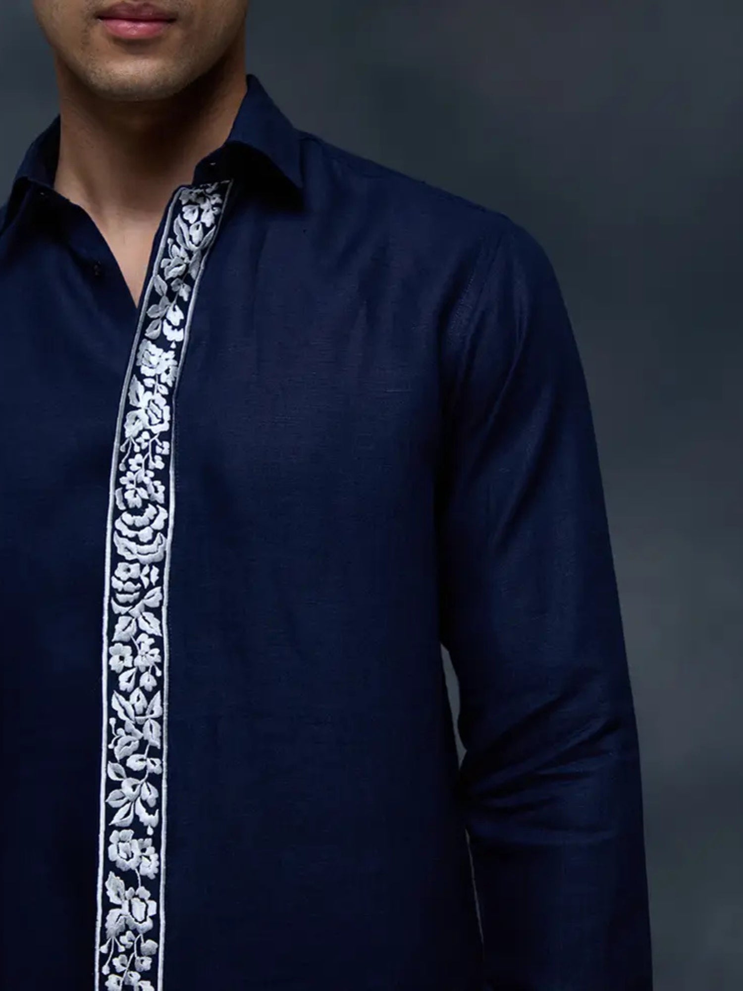 Navy Blue Placard and Sleeve Embroidered Linen Slim Fit Shirt