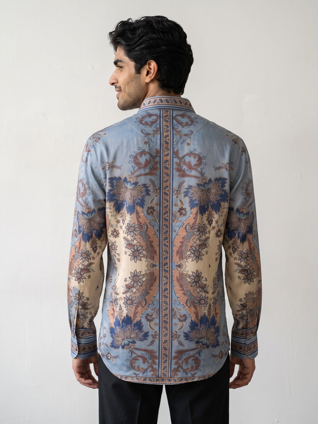 Grey Tencel Slim Fit Shirt with Paisley Placket Print