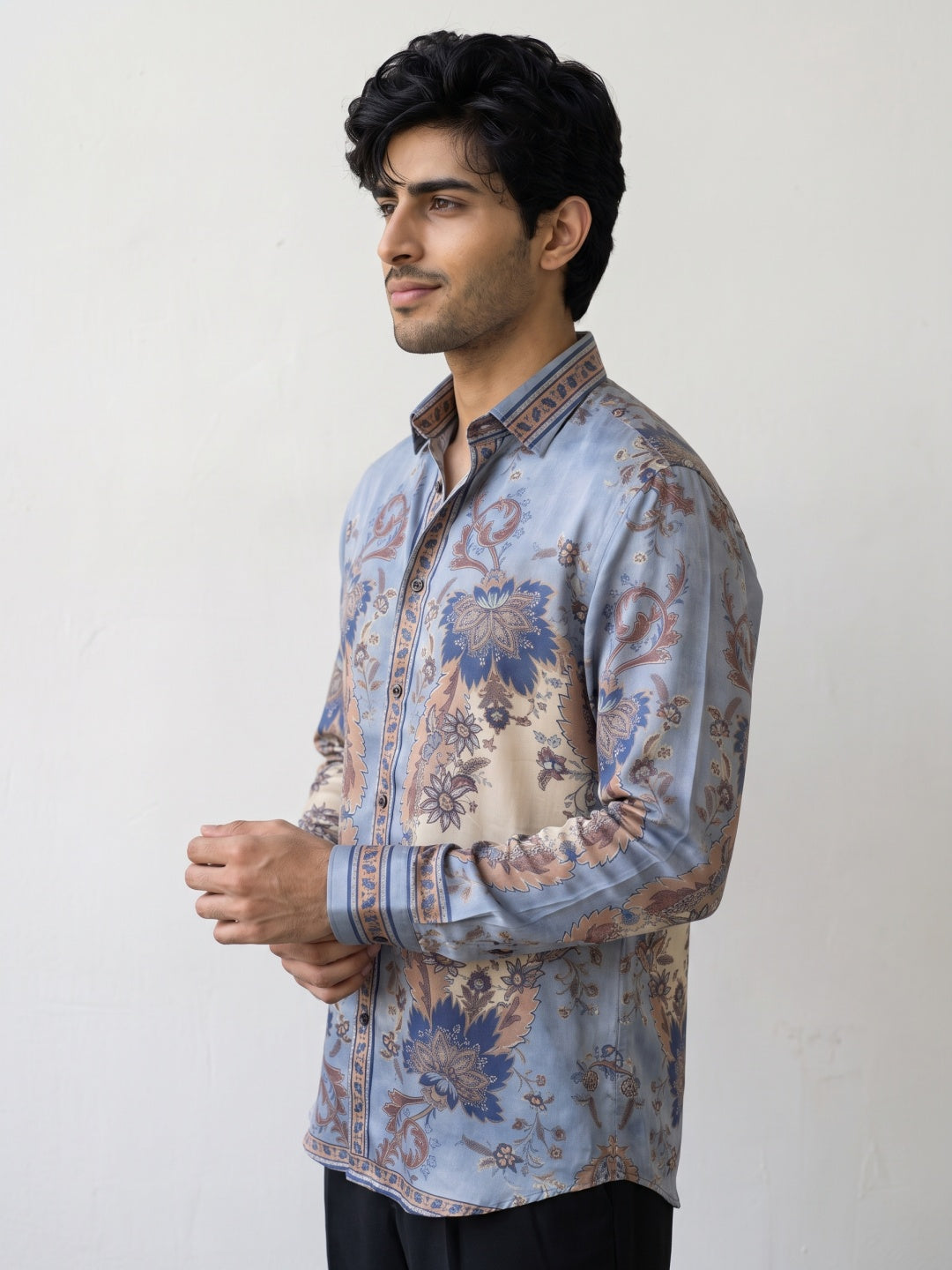 Grey Tencel Slim Fit Shirt with Paisley Placket Print