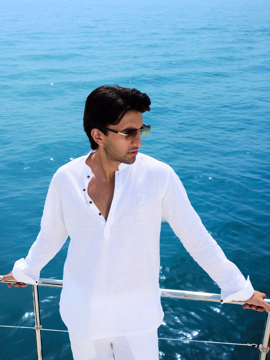 White Hand Embroidered Linen Short Kurta