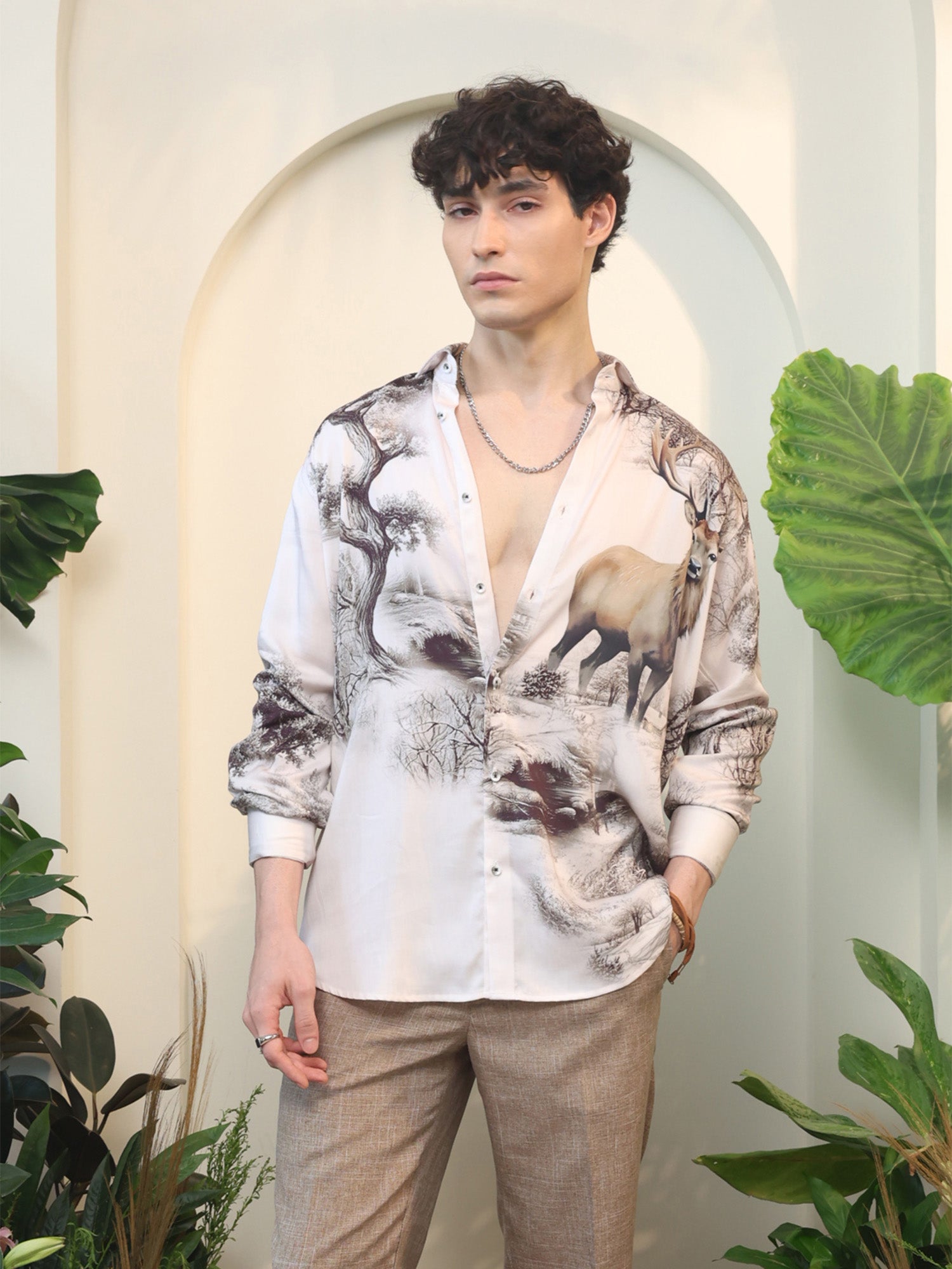 Light Beige Deer & Forest Print Full Sleeve Shirt
