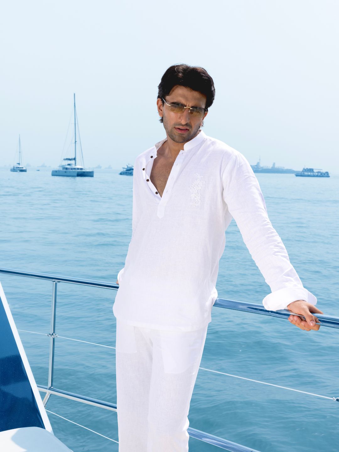 White Hand Embroidered Linen Short Kurta