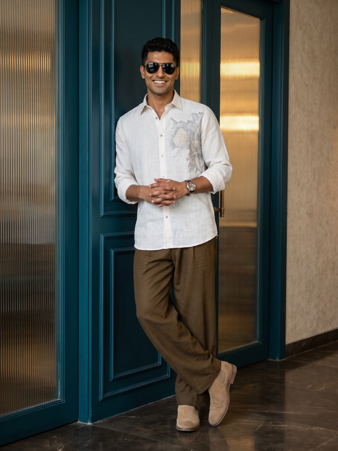 Beige Linen Regular Fit Shirt with Embroidery