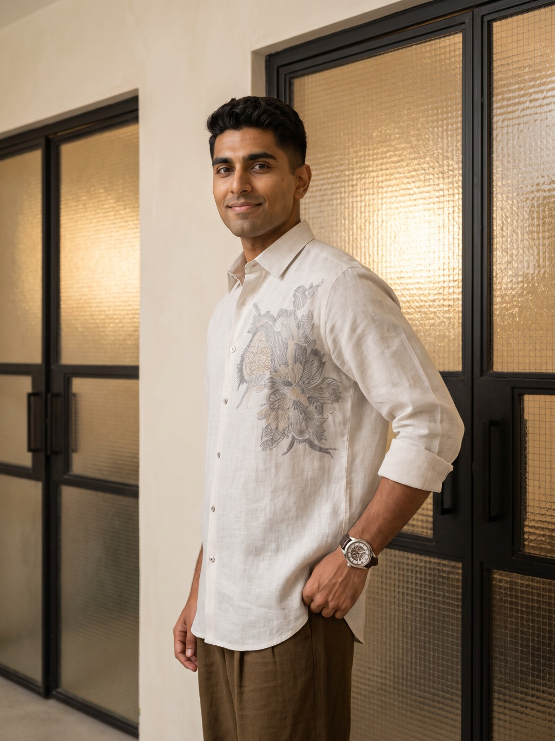Beige Linen Regular Fit Shirt with Embroidery