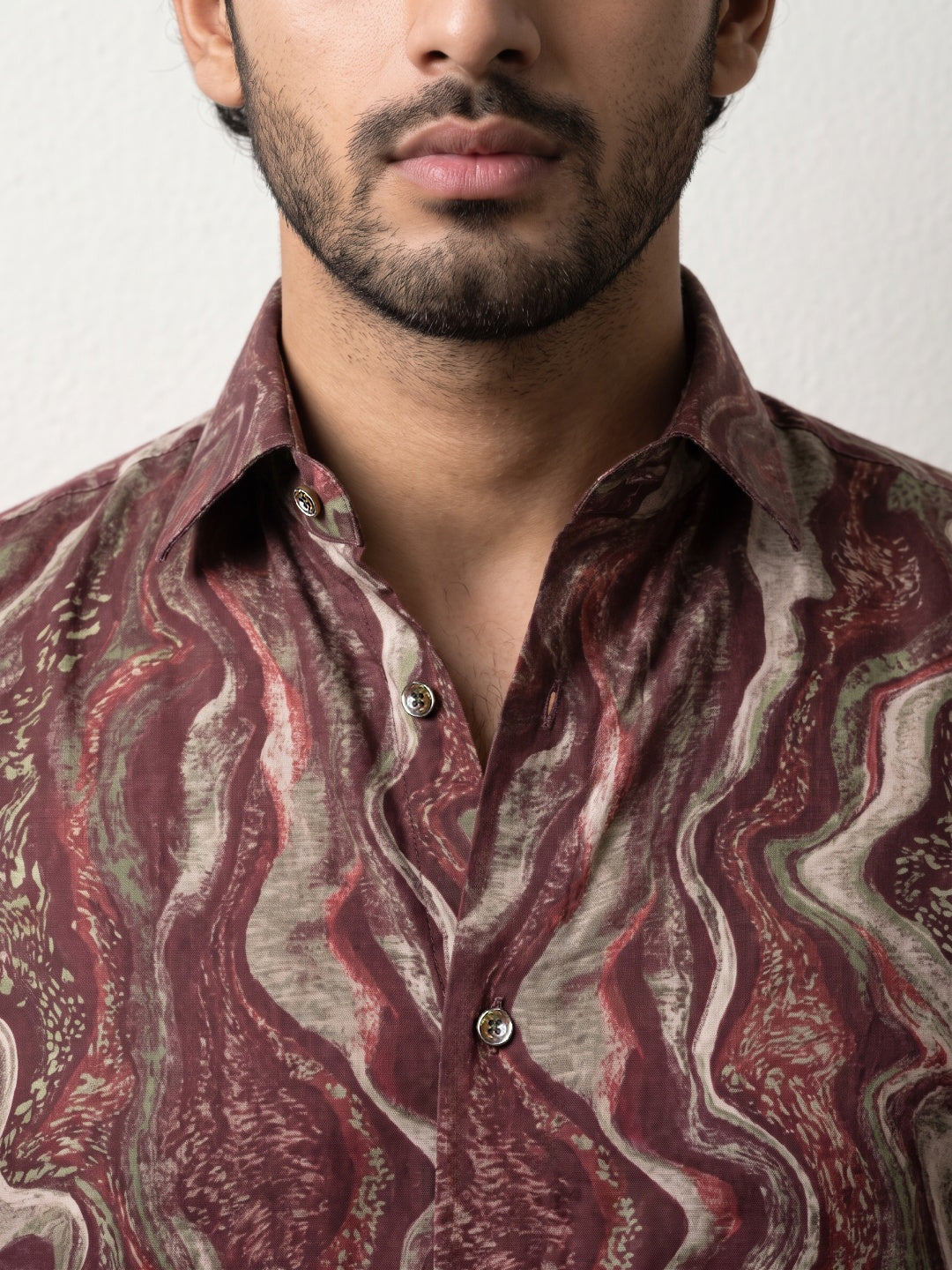 Wine Tencel Slim Fit Shirt with Marbled Print