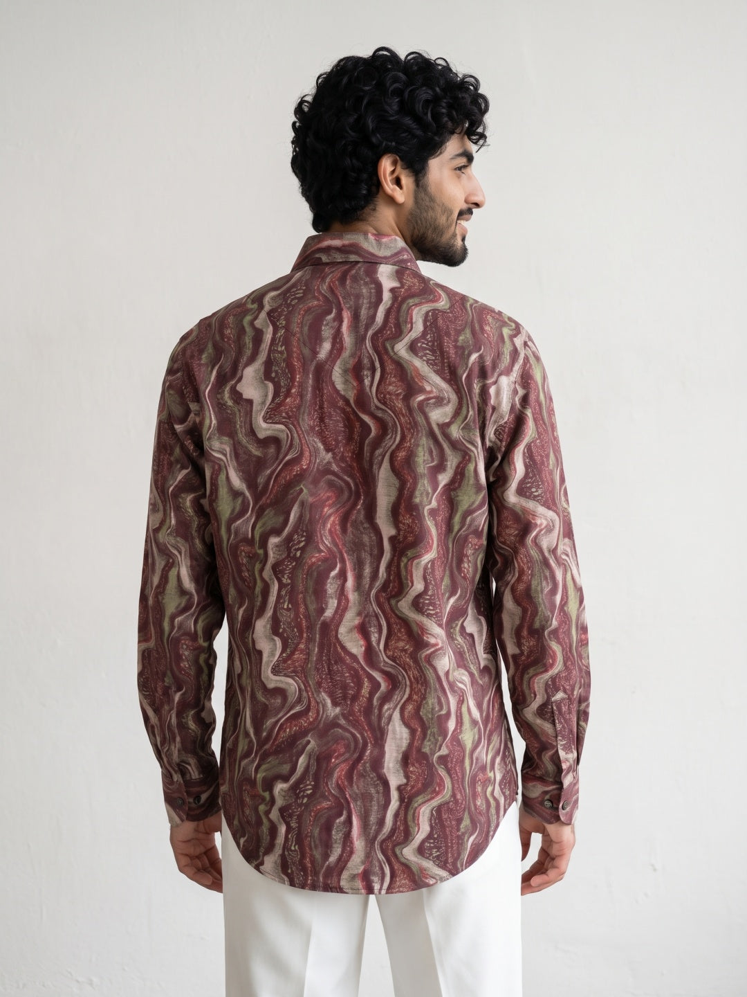 Wine Tencel Slim Fit Shirt with Marbled Print