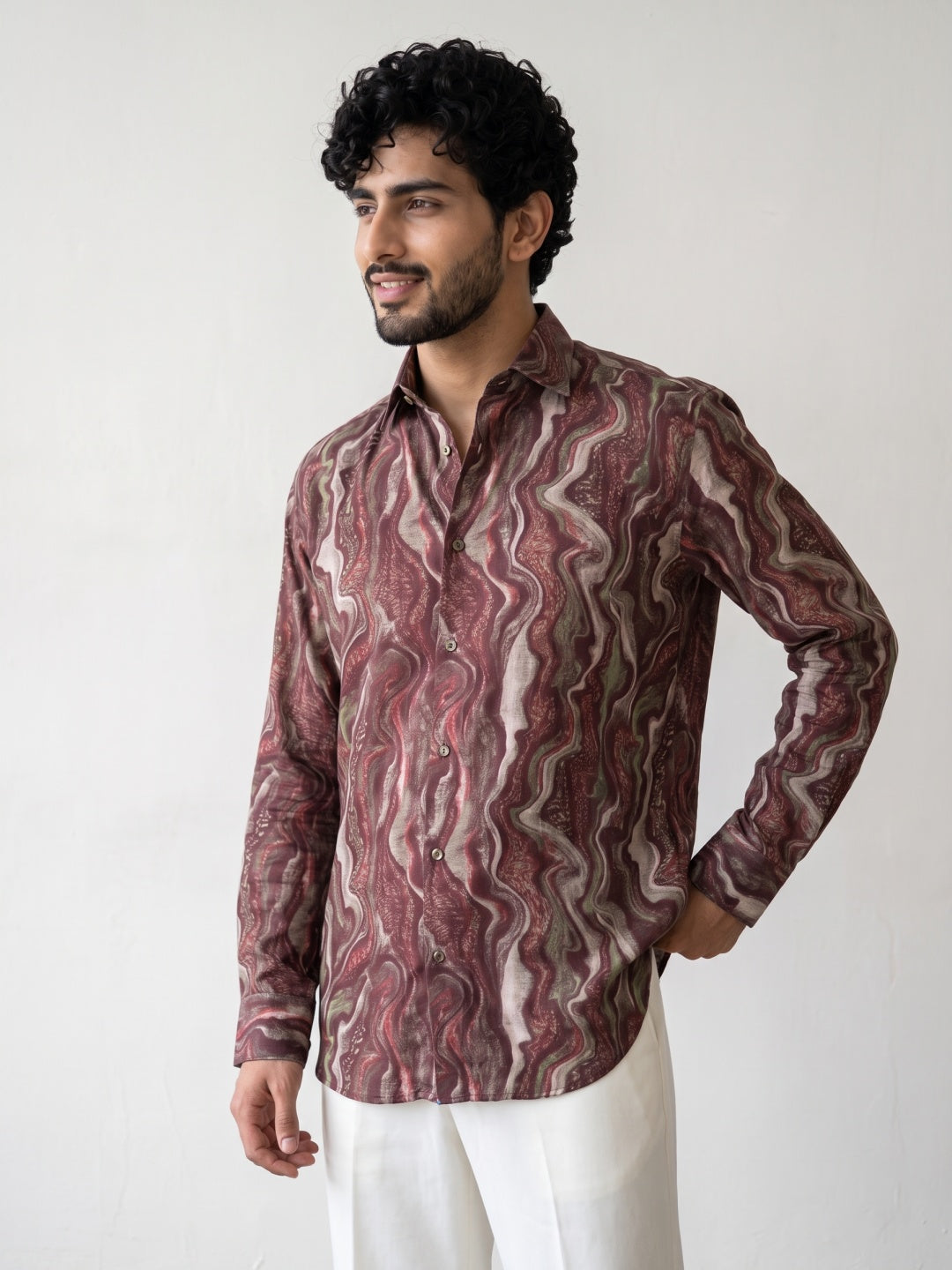 Wine Tencel Slim Fit Shirt with Marbled Print