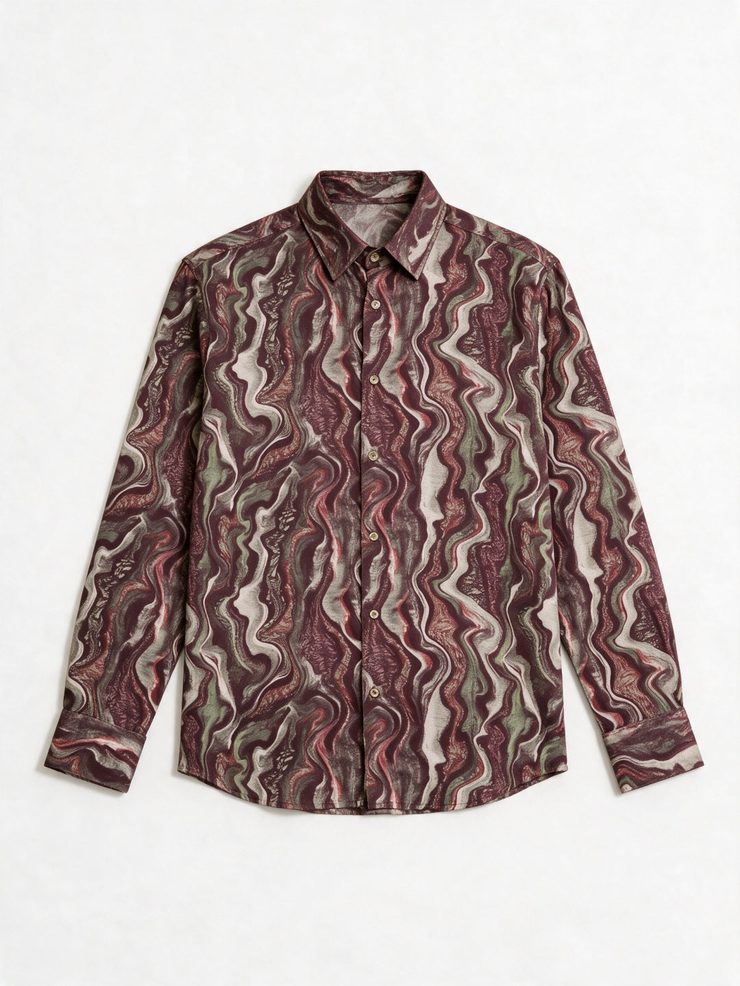 Wine Tencel Slim Fit Shirt with Marbled Print