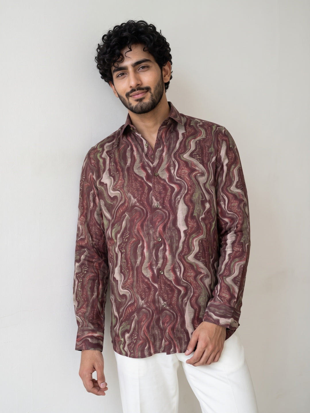 Wine Tencel Slim Fit Shirt with Marbled Print