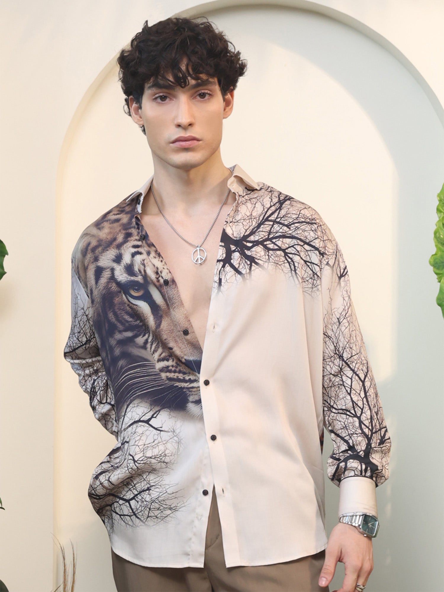 Beige Tiger & Tree Print Full Sleeve Shirt