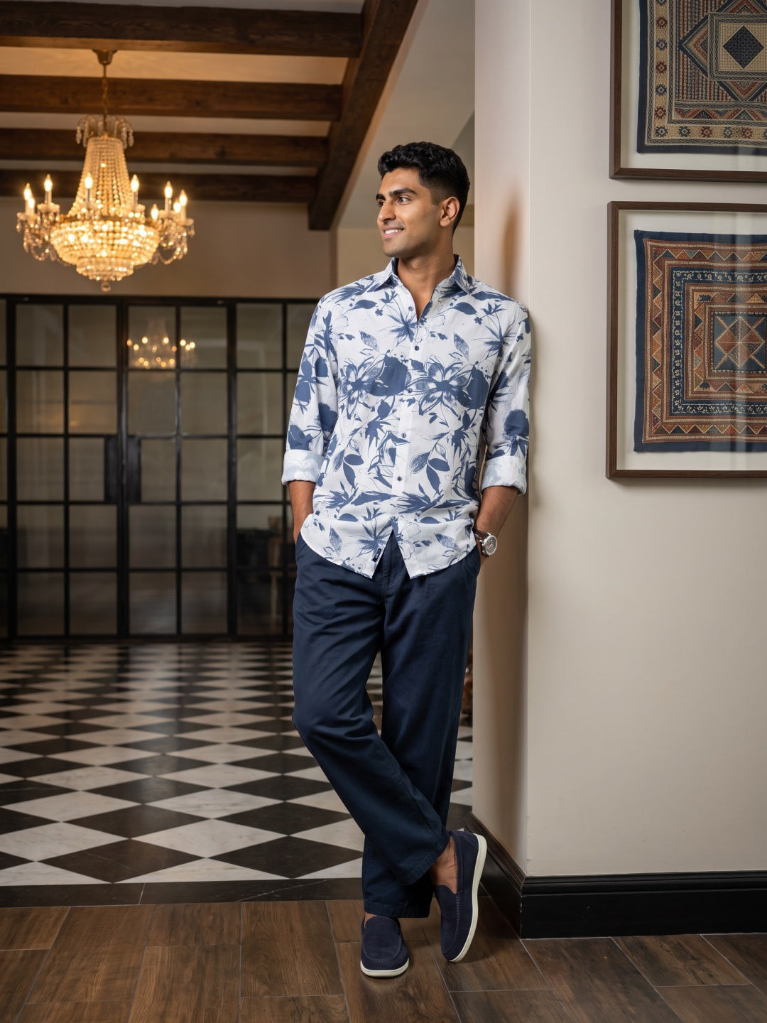 Blue Tencel Slim Fit Printed Shirt