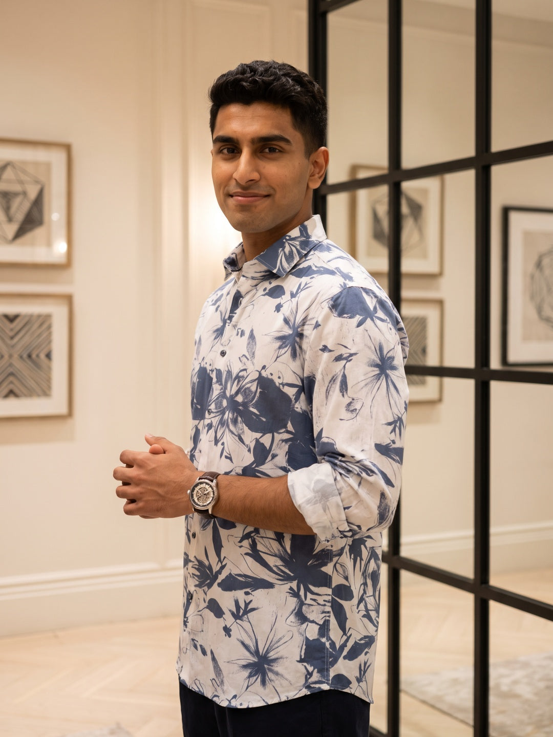 Blue Tencel Slim Fit Printed Shirt