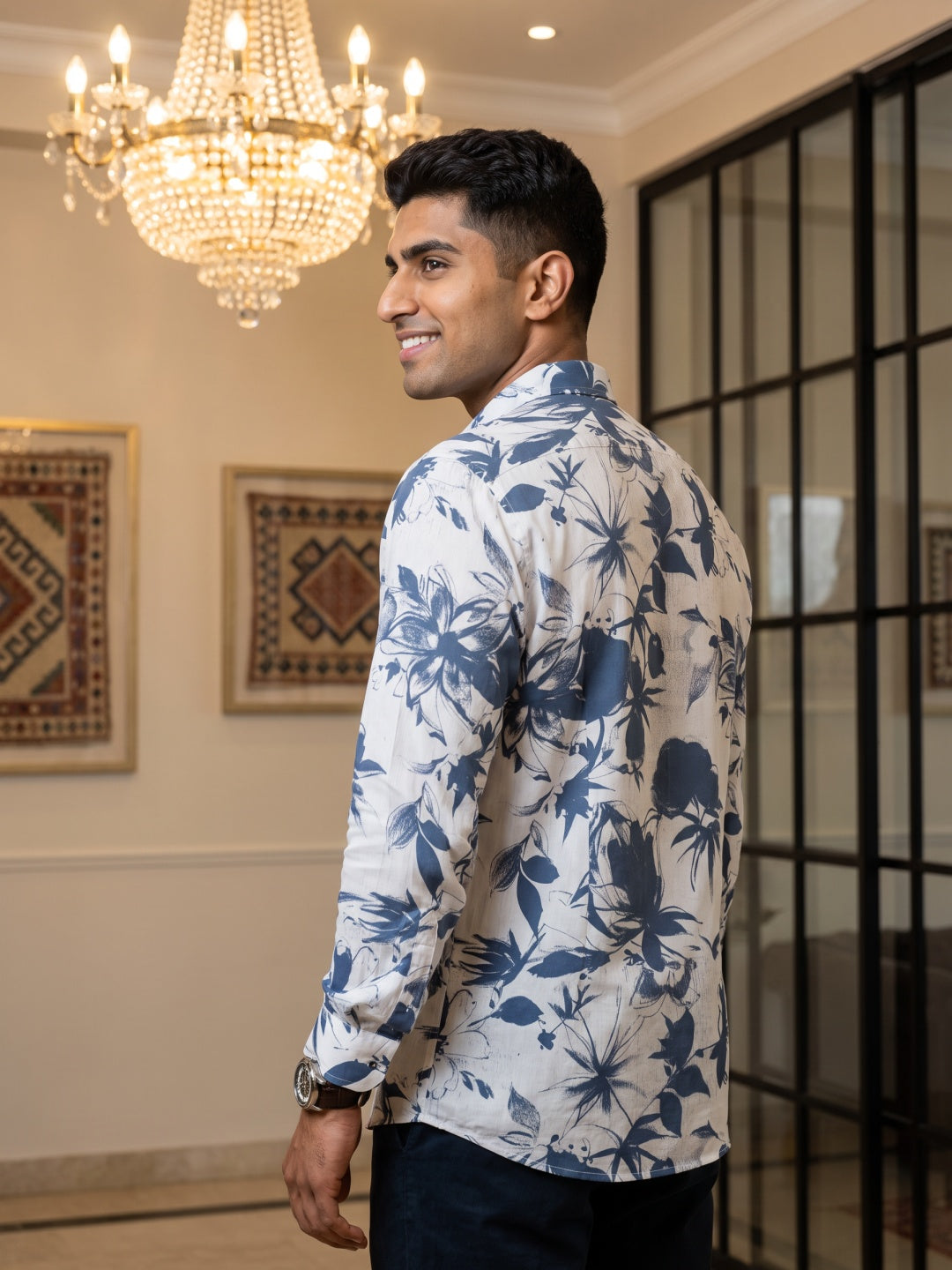 Blue Tencel Slim Fit Printed Shirt