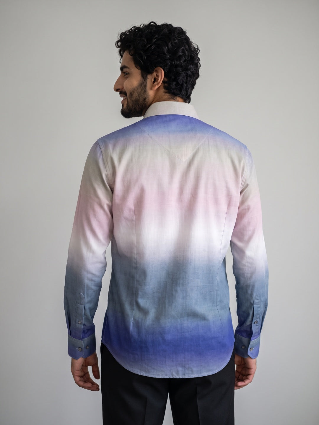 Blue Tencel Slim Fit Shirt with Ombre Print