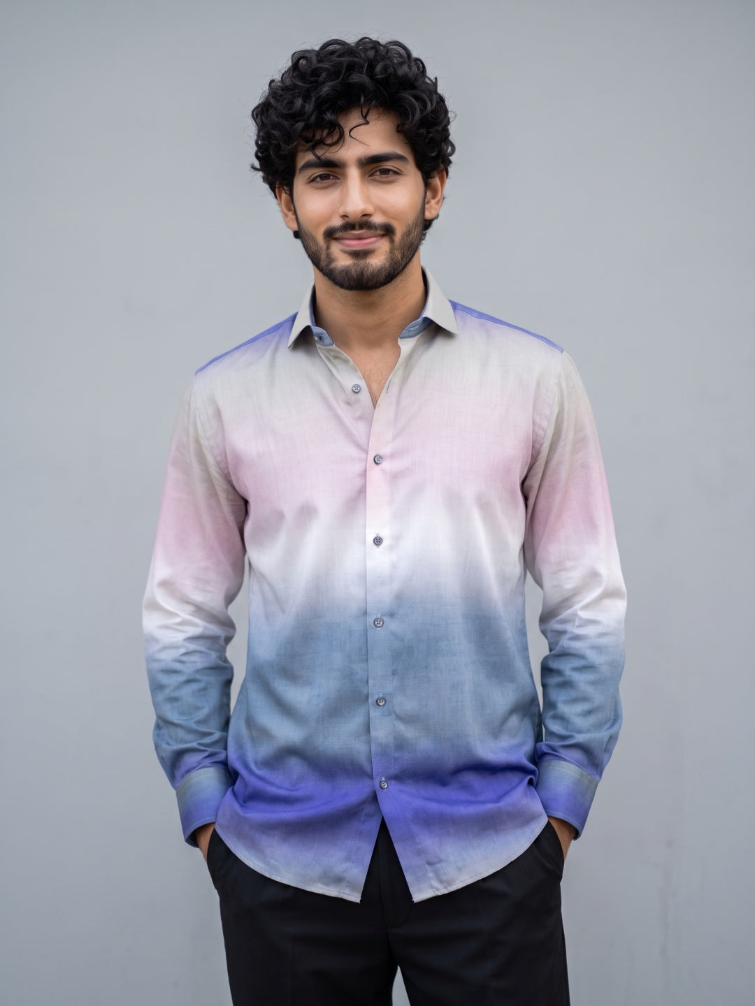 Blue Tencel Slim Fit Shirt with Ombre Print