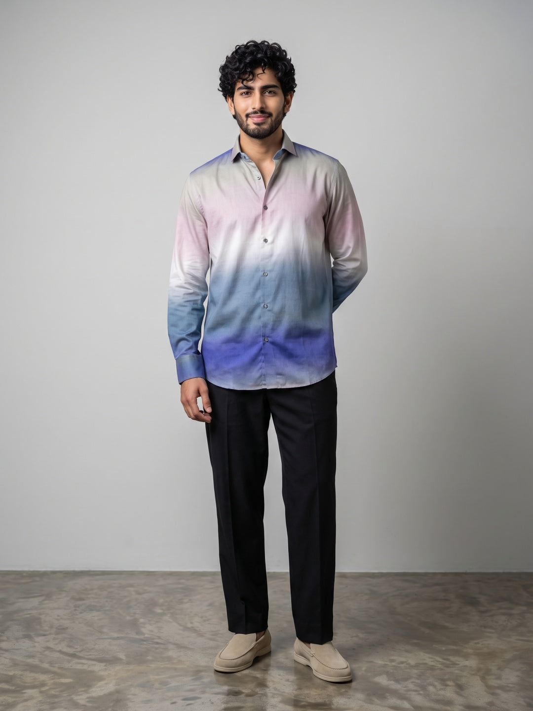 Blue Tencel Slim Fit Shirt with Ombre Print