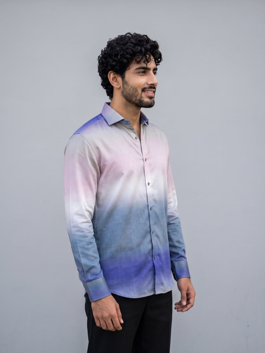 Blue Tencel Slim Fit Shirt with Ombre Print