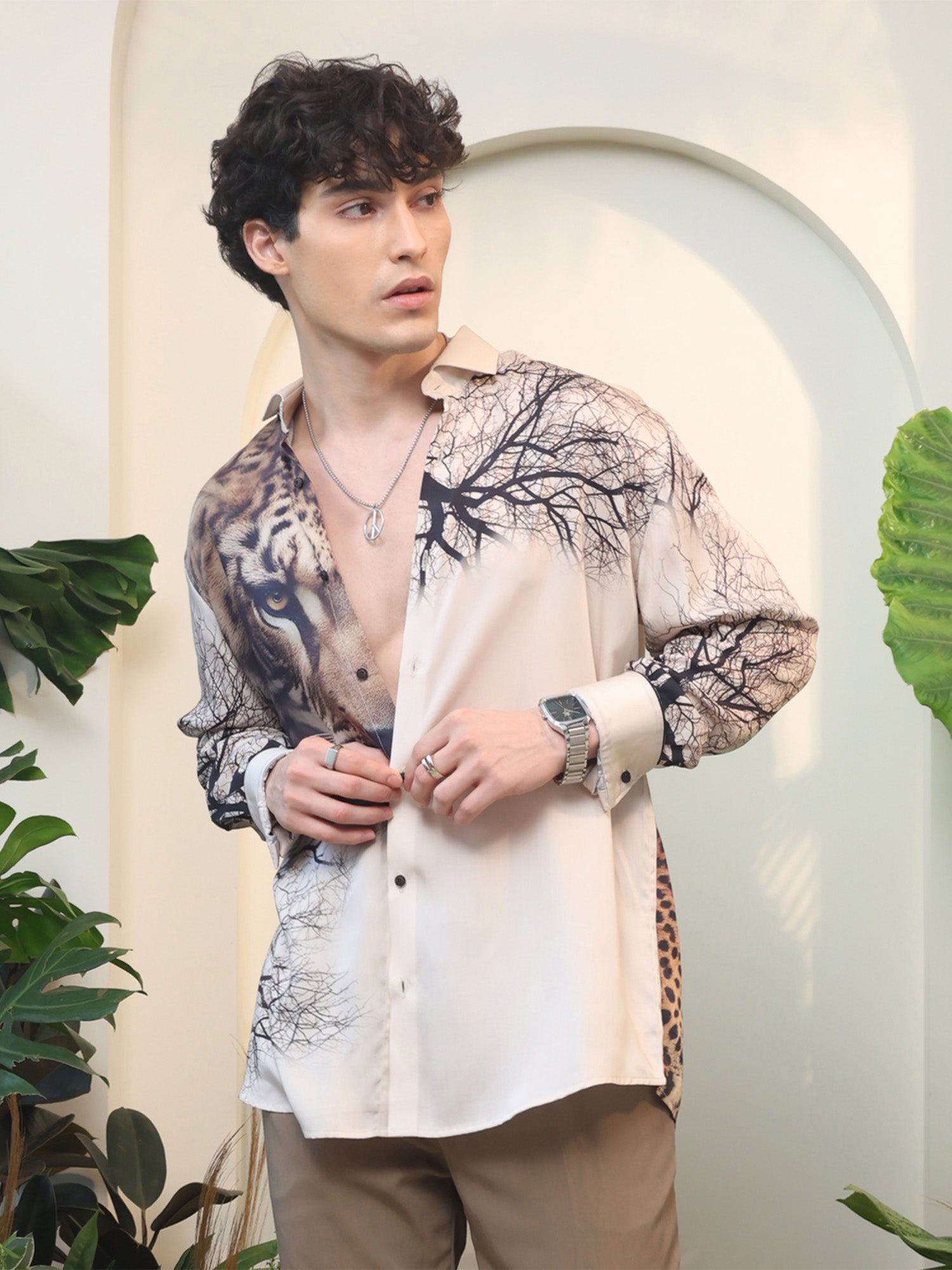 Beige Tiger & Tree Print Full Sleeve Shirt