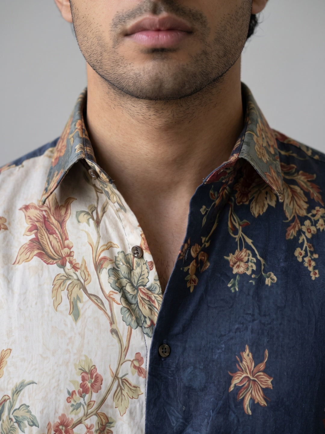Multicolour Tencel Slim Fit Shirt with Colour Block Floral Print