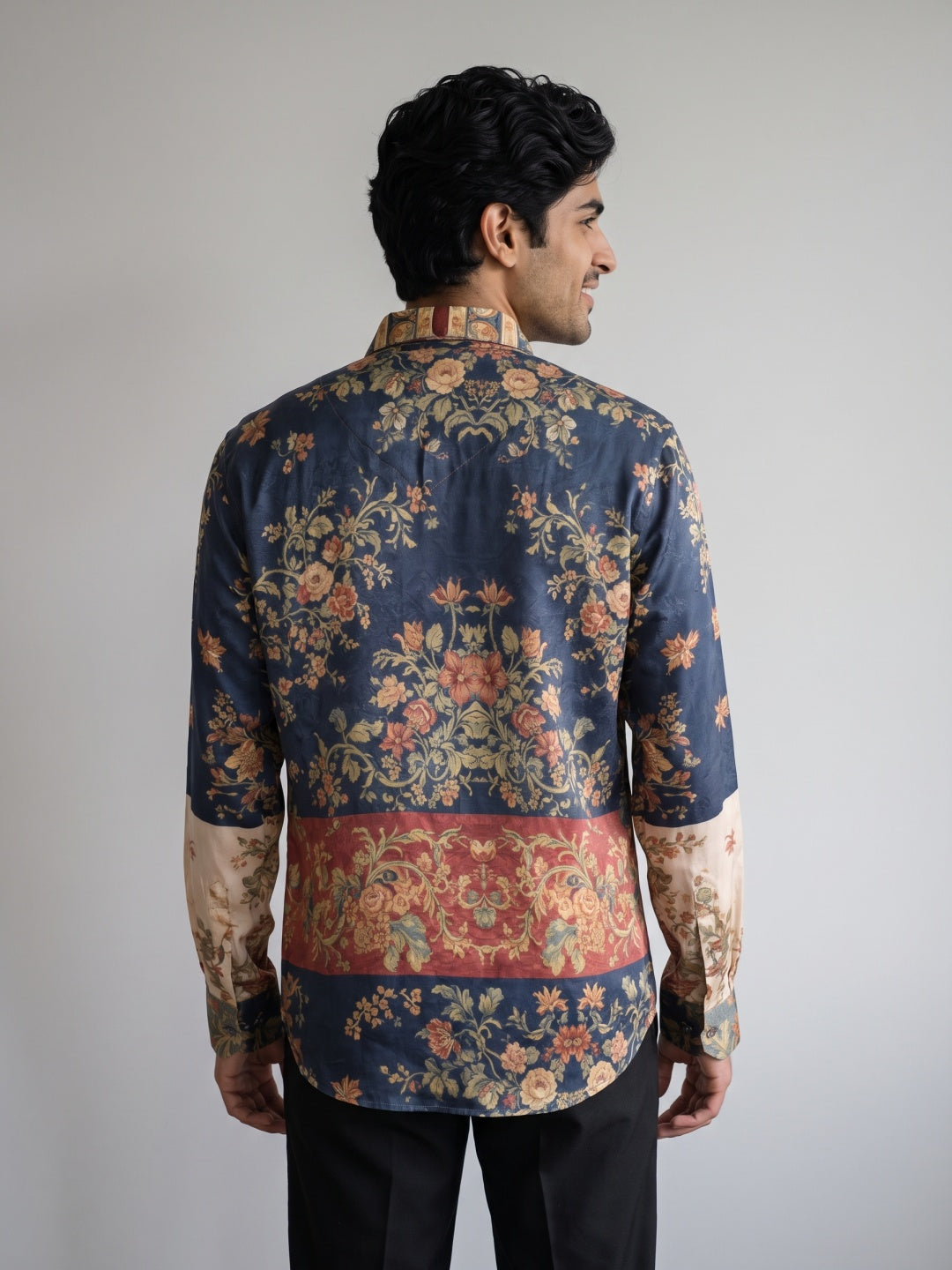 Multicolour Tencel Slim Fit Shirt with Colour Block Floral Print