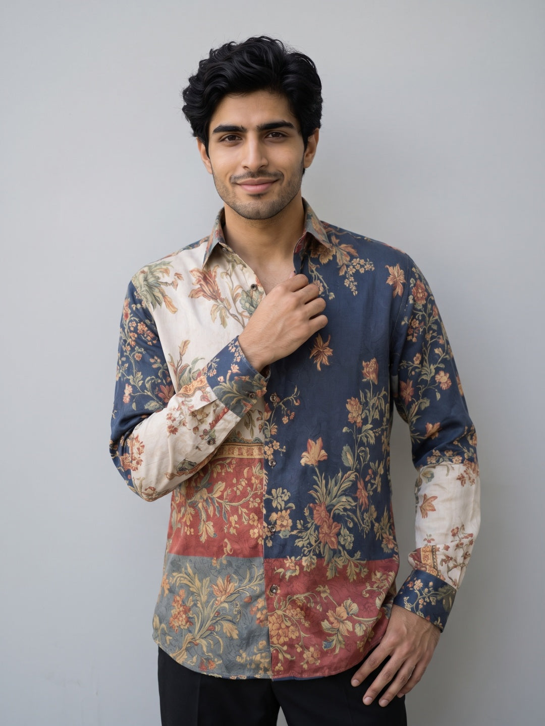Multicolour Tencel Slim Fit Shirt with Colour Block Floral Print