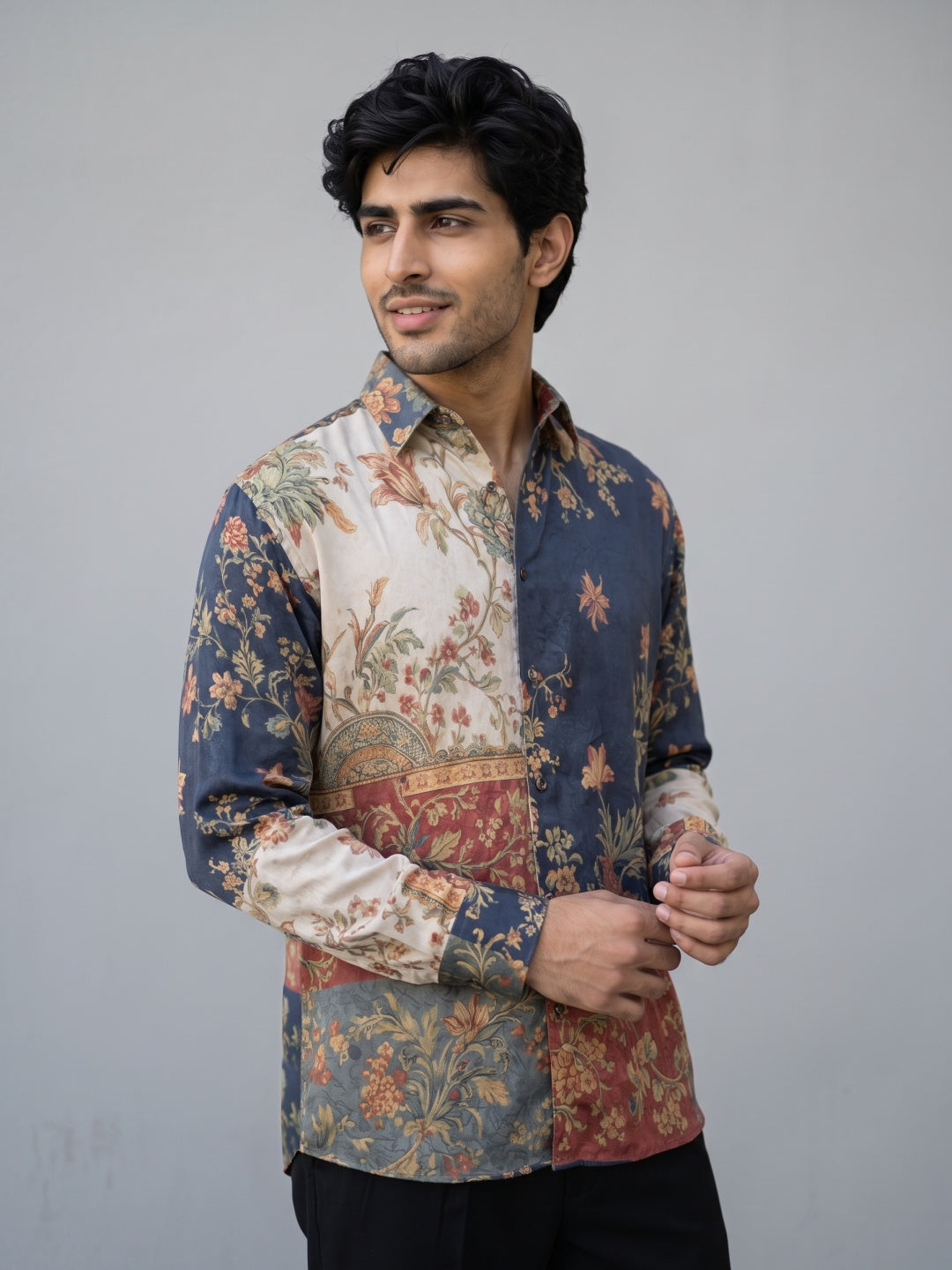 Multicolour Tencel Slim Fit Shirt with Colour Block Floral Print