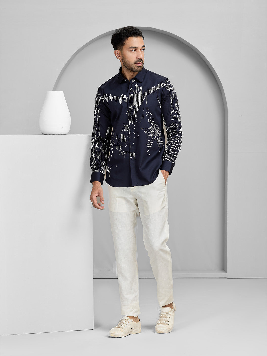 Men's Navy Blue Cotton Designer Shirt in Slim Fit