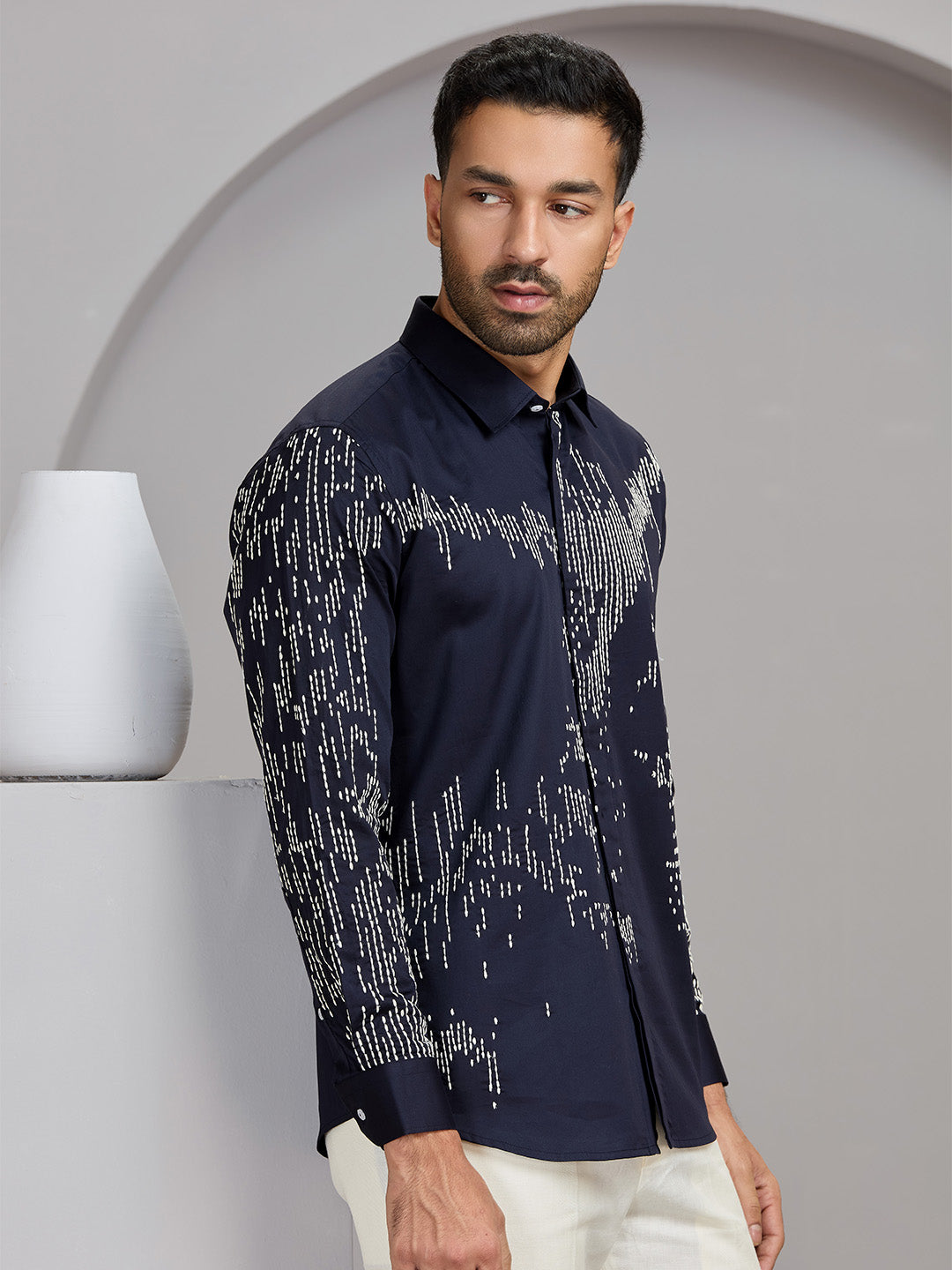 Men's Navy Blue Cotton Designer Shirt in Slim Fit