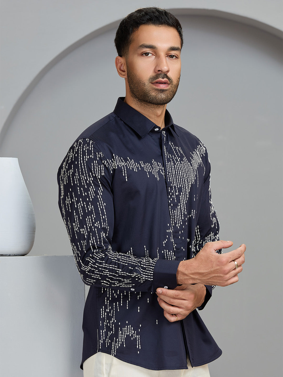 Men's Navy Blue Cotton Designer Shirt in Slim Fit