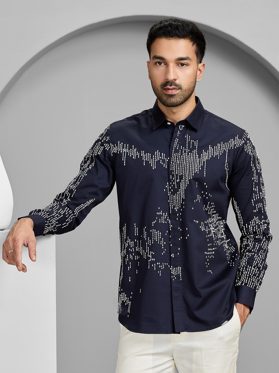 Men's Navy Blue Cotton Designer Shirt in Slim Fit