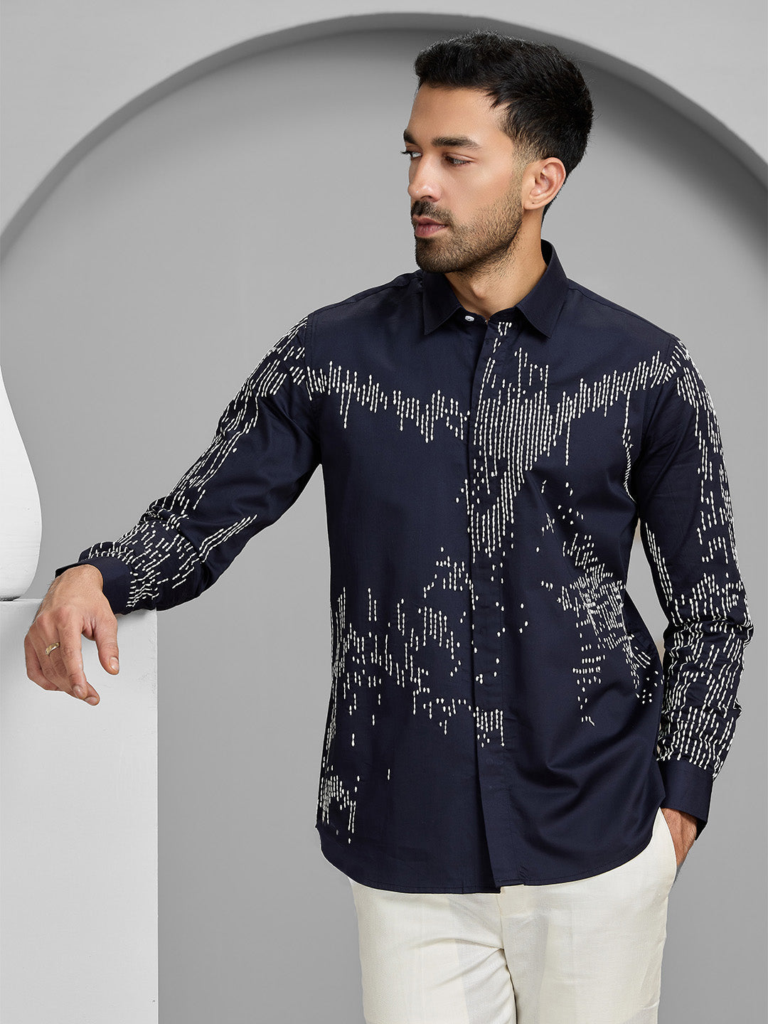 Men's Navy Blue Cotton Designer Shirt in Slim Fit