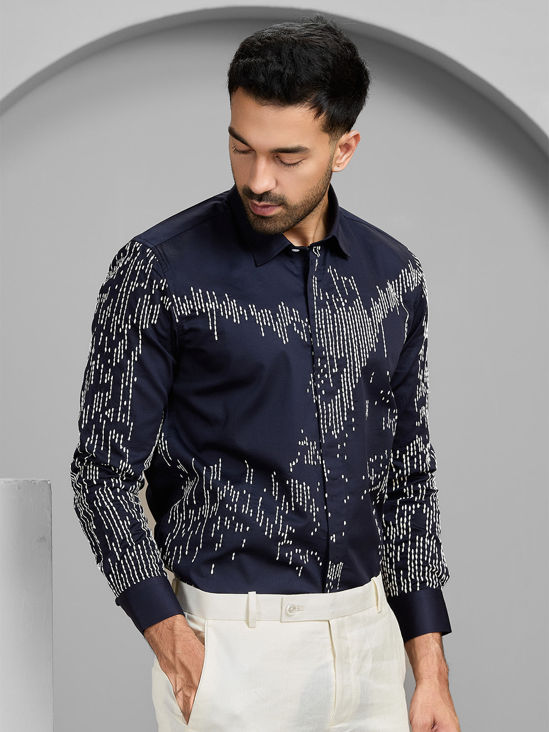 Men's Navy Blue Cotton Designer Shirt in Slim Fit
