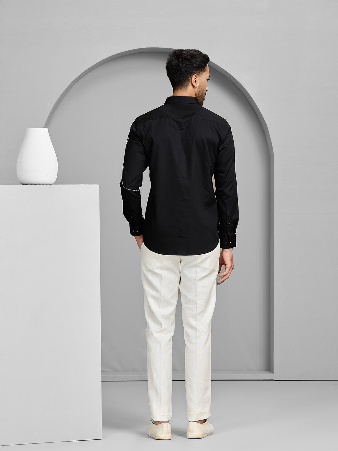 Black Abstract Embroidered Cotton Shirt for Men – Slim Fit Designer Wear