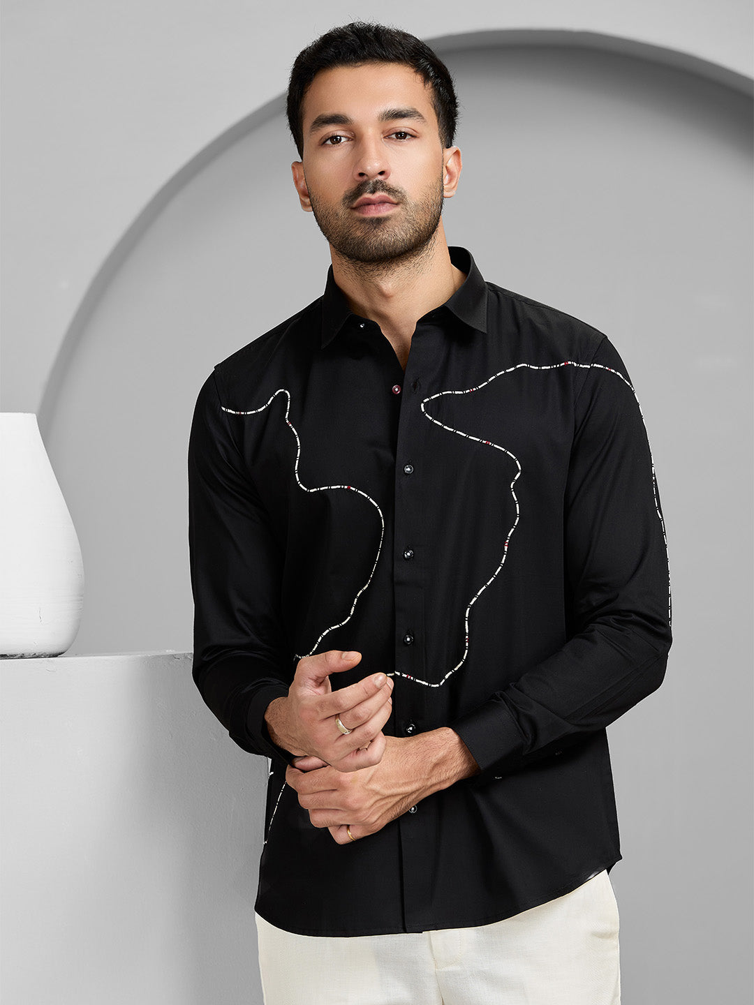Black Abstract Embroidered Cotton Shirt for Men – Slim Fit Designer Wear