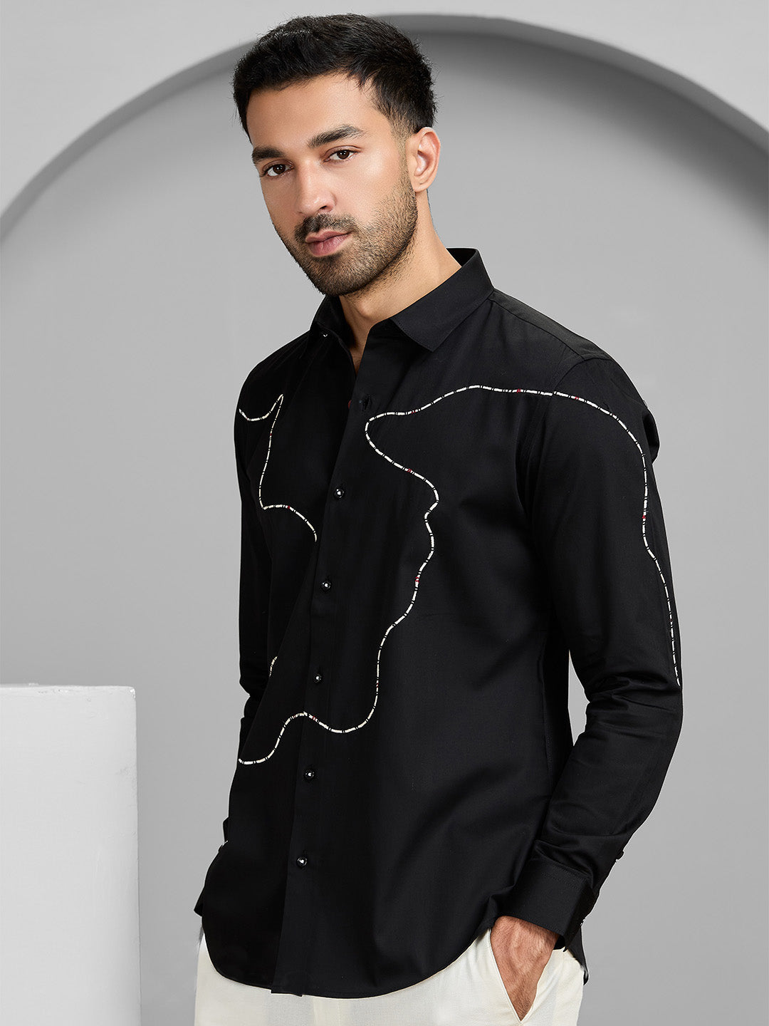 Black Abstract Embroidered Cotton Shirt for Men – Slim Fit Designer Wear