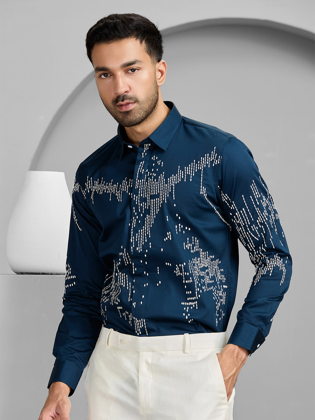 Men's A.F.Blue Cotton Designer Shirt in Slim Fit
