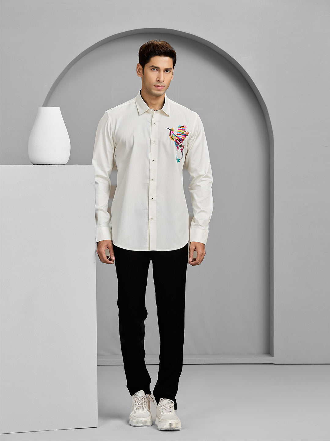 Men's Cream Cotton Designer Shirt in Slim Fit