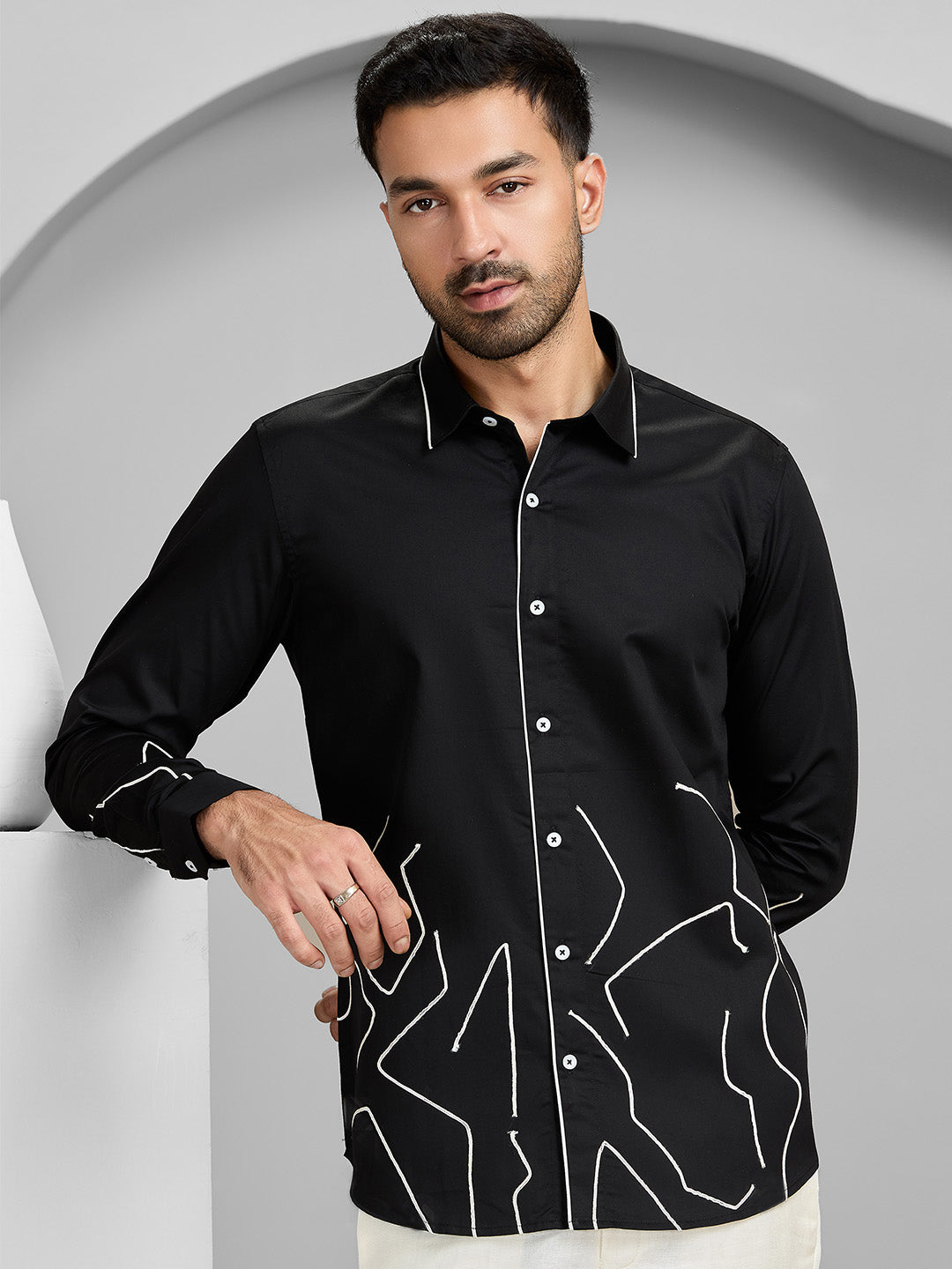 Vibrant Black Coloured Slim Fit Cotton Shirt with Artistic embroidery