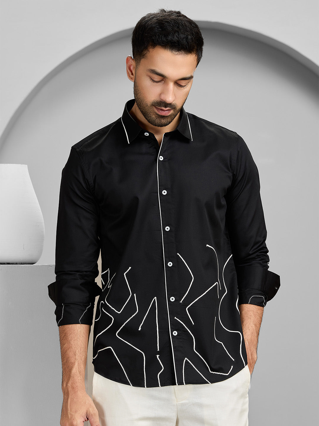 Men’s Black Cotton Designer Shirt in Slim Fit