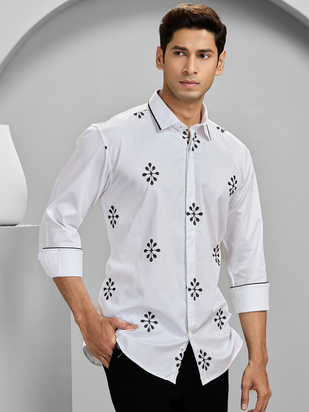 Men’s White Cotton Designer Shirt in Slim Fit