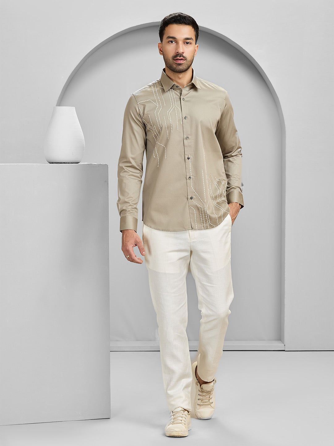Men's Khaki Cotton Designer Shirt in Slim Fit