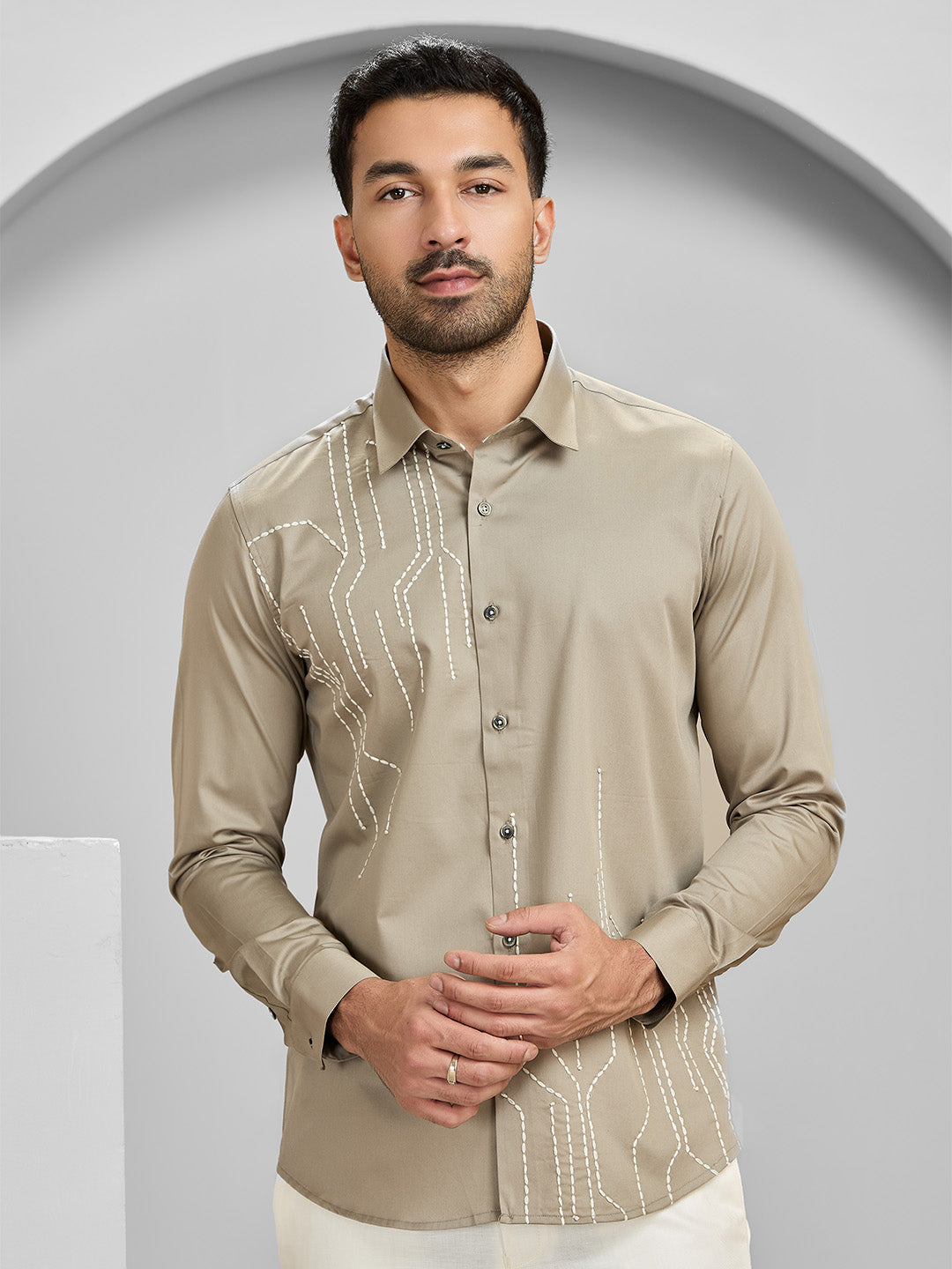 Men's Khaki Cotton Designer Shirt in Slim Fit